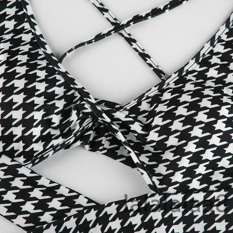 LAA8-YS-Women Split Suspender V Neck Houndstooth Pattern Cut-out Cross Wrap Open Back Tie-up Short Tank Tops