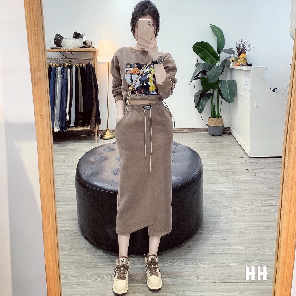 Set nỉ trang phục nữ đồ nữ cá tính set váy nữ đi chơi váy sooc qua gối nỉ dài tay croptop hotren cực xinh