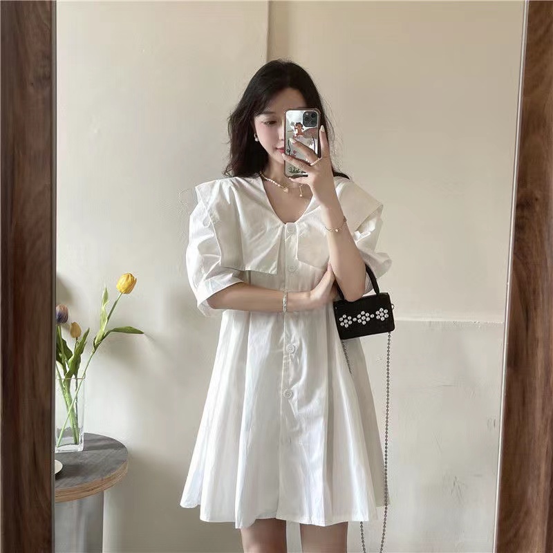 Đầm Tay Ngắn Cổ Chữ v Dáng Rộng Thời Trang Theo Phong Cách Hàn Quốc Dành Cho Nữ