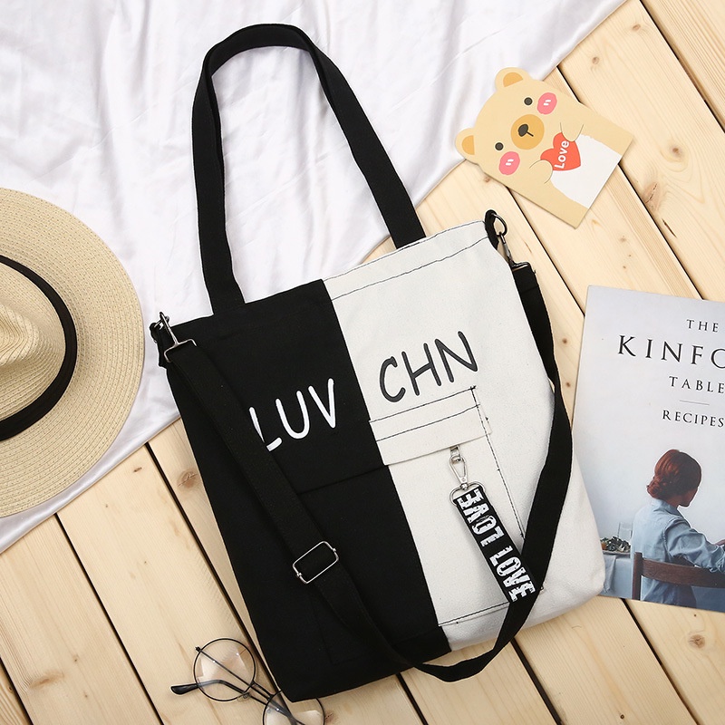 Túi Xách Canvas Thêu Chữ Phối Hai Mặt Dễ Thương Cho Nữ
