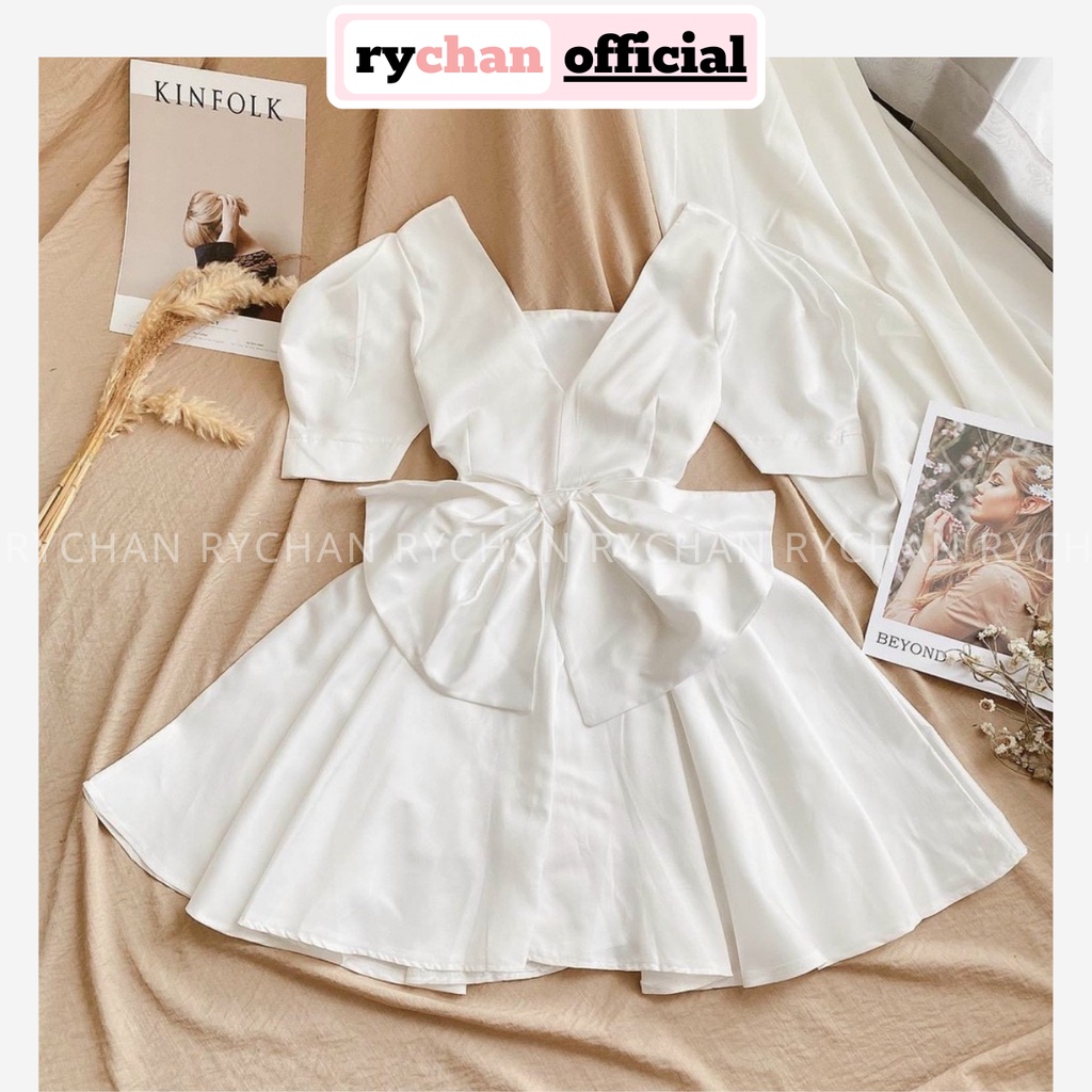 Đầm Xòe Trắng Cổ Vuông Tay Phồng Đính Nơ Lưng Lót Trong Dày Dặn - DX0123