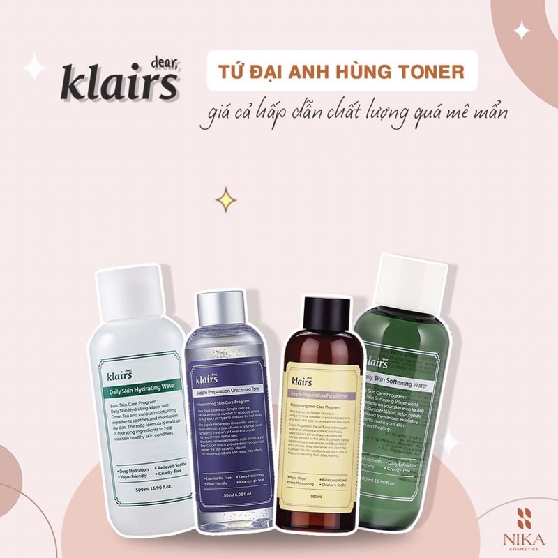 Toner Klairs các loại cung cấp độ cẩm và phục hồi cho da