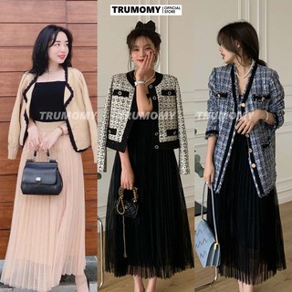 Chân váy dập ly dáng A dài midi Quảng Châu chất voan mịn cạp thun lưng cao - Trumomy