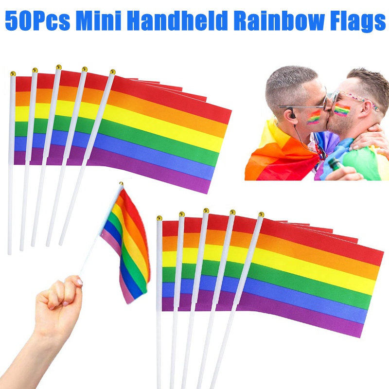 Bộ 50 Lá Cờ Gay Pride Mini Cầm Tay Màu Cầu Vồng Kích Thước 21 * 14cm