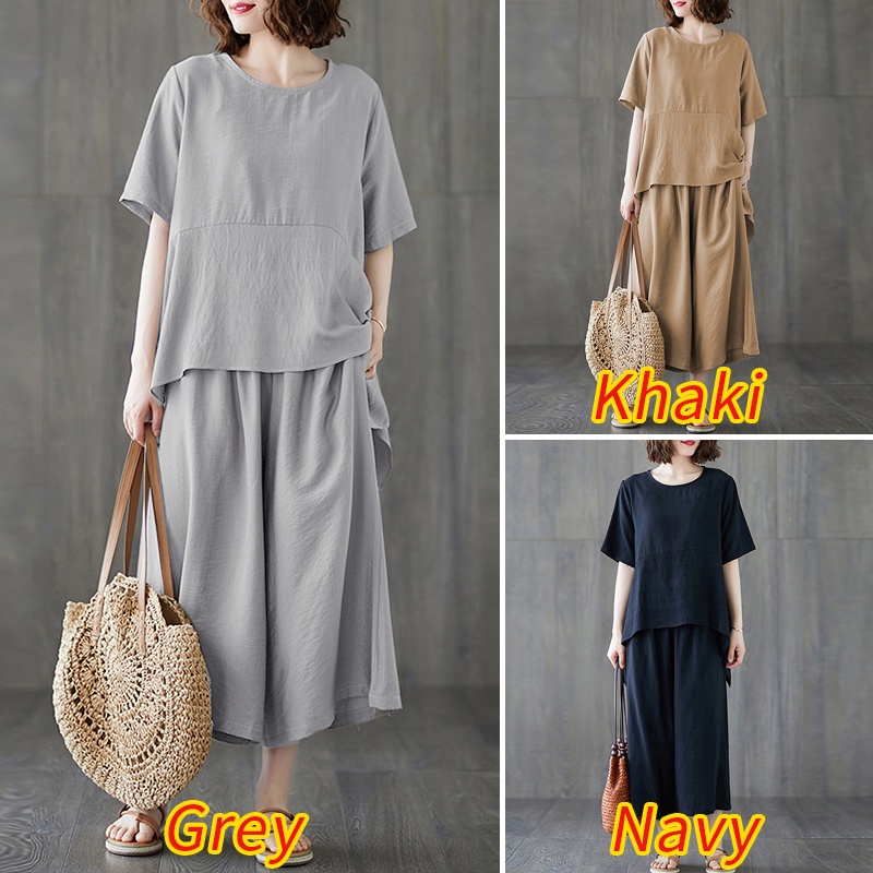 Set quần áo Zanzea gồm áo tay ngắn cổ tròn vạt lệch + quần ống rộng lung thun phong cách Hàn Quốc cho nữ