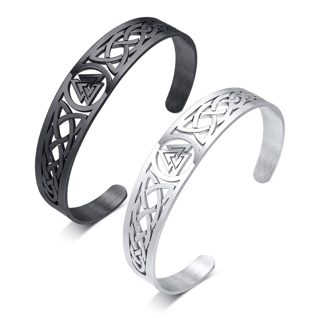 Vòng Tay Mở Bằng Thép Không Gỉ Màu Đen Phong Cách Viking Thời Trang Cho Nam