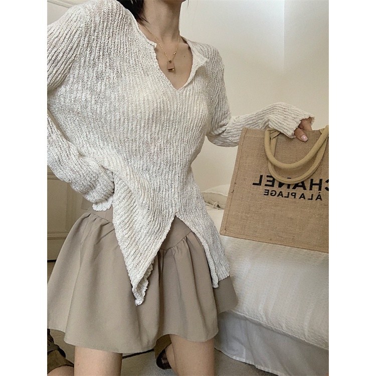 「MOTEL7」Áo Sweater Cổ Xẻ Tà + Chân Váy Dệt Kim Chữ A Lưng Cao Dáng Rộng Chống Nắng Phong Cách Mỹ Dễ Phối Đồ