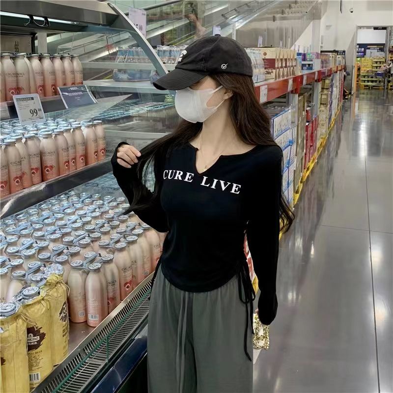 Áo Thun Tay Dài Dáng Ôm Thiết Kế Dây Rút In Chữ Phong Cách Mỹ Cho Nữ