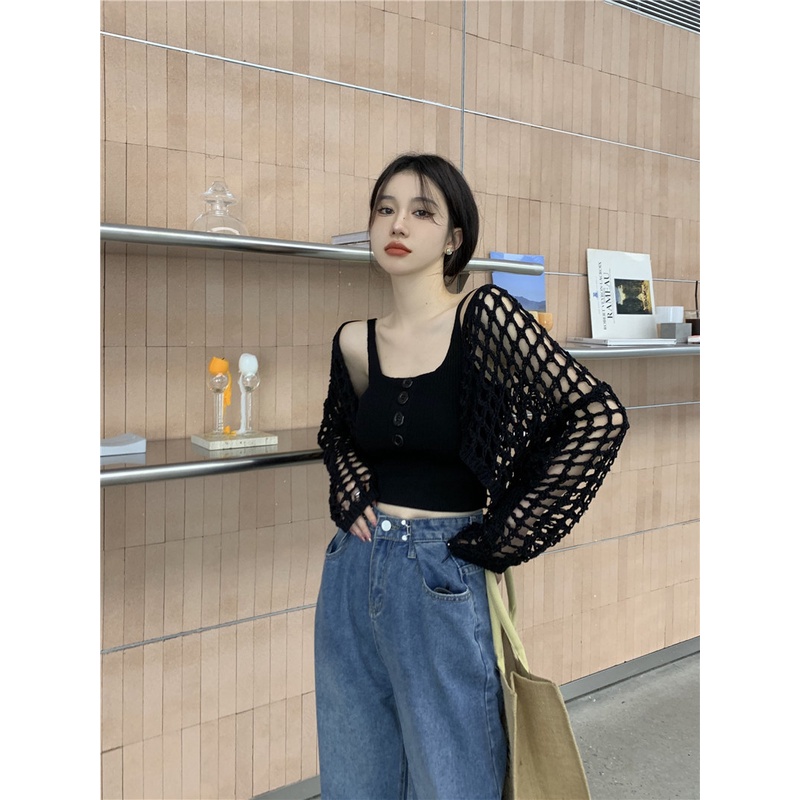 HUANG YOYO Set Áo Dây Dệt Kim + Áo Khoác cardigan Chống Nắng Thời Trang Hàn Quốc Cho Nữ