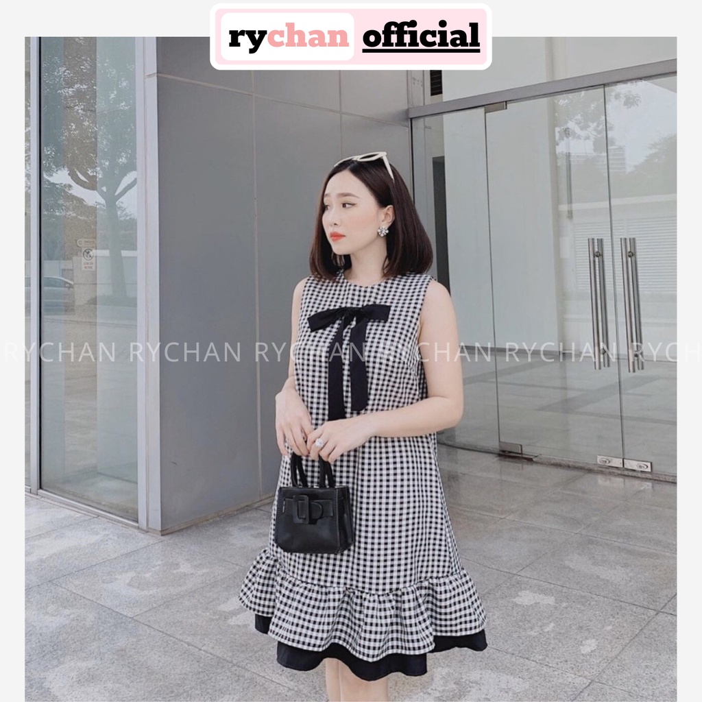 Đầm Suông Đuôi Cá Caro Đính Nơ - DS018