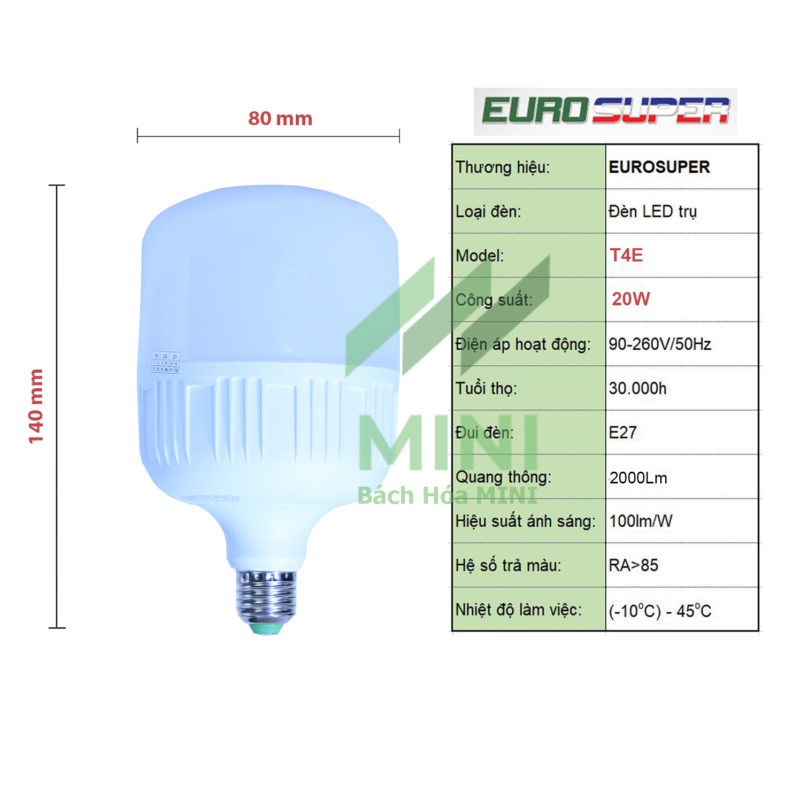 Bóng đèn LED TRỤ EUROSUPER 5W - 10W -15W - 20W - 30W - 40W - 50W