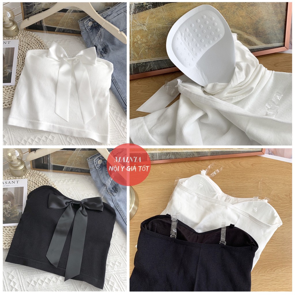 [Tặng Dây Áo Trong] Áo Bra Quây Cotton Đính Nơ Lụa Xinh Xắn Áo Croptop Len Tăm Cao Cấp Mainia Shop | WebRaoVat - webraovat.net.vn