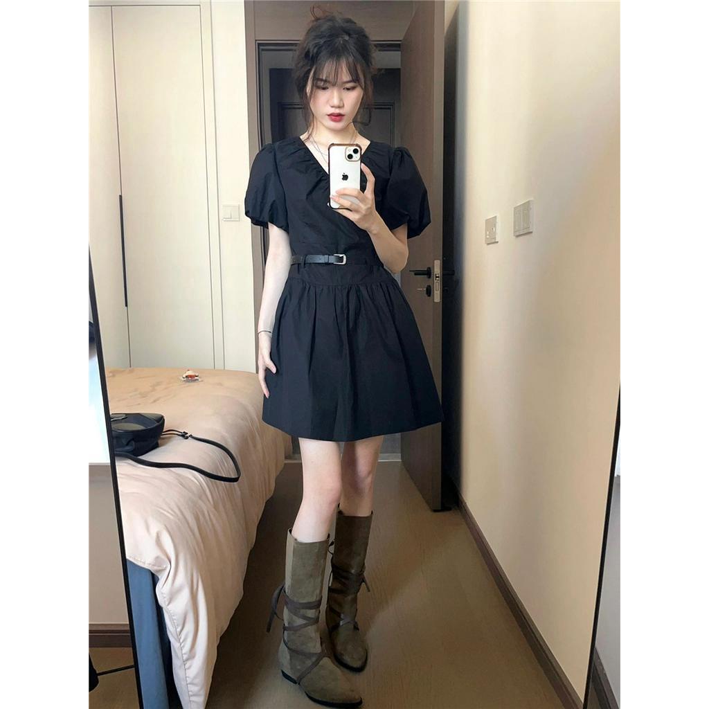 Đầm Đen Cổ Chữ V Eo Cao Dáng Ôm Có Thắt Lưng Thời Trang 63849