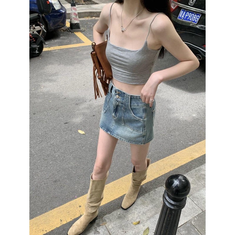 Cocory vn Chân váy jean Lưng Cao Phối Nút Thời Trang Retro Dành Cho Nữ