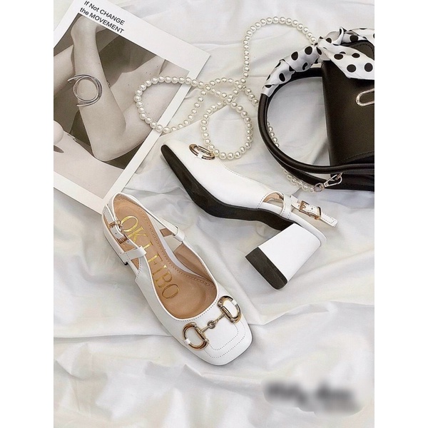 Giày Sandal cao gót mũi vuông khoá to gót vuông 7p bọc vàng Gú xì