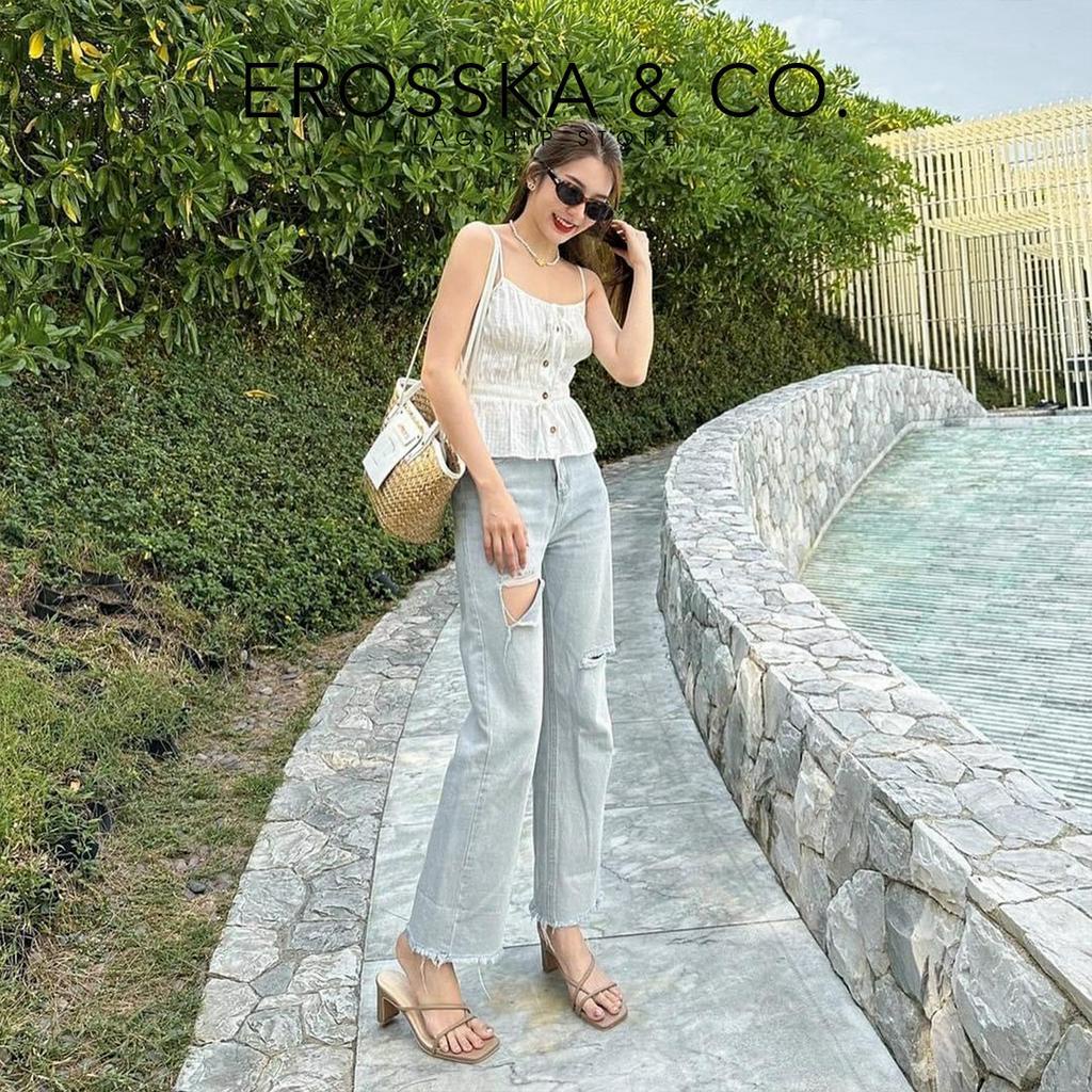 Erosska - Dép cao gót thời trang mũi vuông phối dây quai mảnh cao 8cm màu nude - EM101