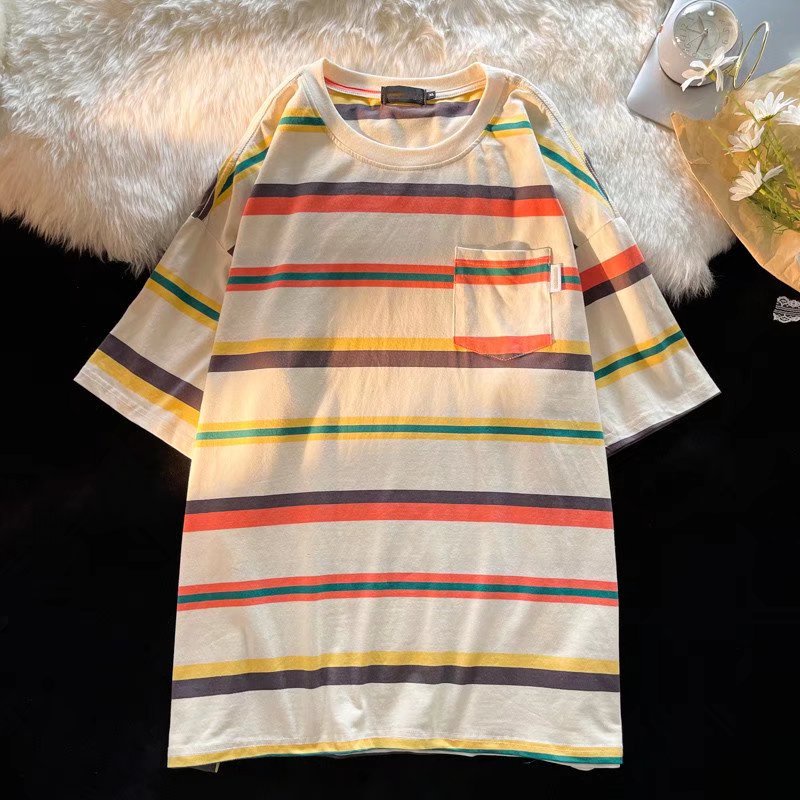 Áo Thun Tay Ngắn Dáng Rộng Họa Tiết Kẻ Sọc Phong Cách Hip Hop Đường Phố Hàn Quốc Thời Trang Mùa Hè Cho Nam Cỡ Lớn M-2XL