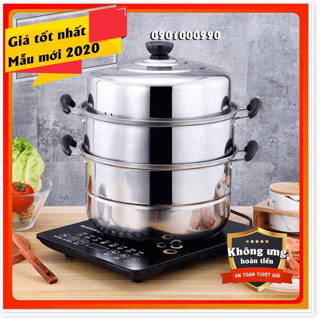 ⚡RẺ VÔ ĐỊCH⚡Nồi hấp 3 tầng đa năng inox cỡ lớn size 28cm, hấp bánh bao, xôi...sử dụng bếp từ