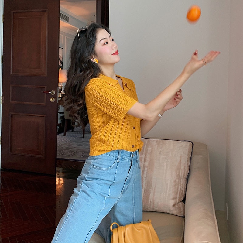 Áo Sweater Lụa Lạnh Cổ Polo Dáng Rộng Ngắn Tay Thời Trang Mùa Hè Dành Cho Nữ 2021