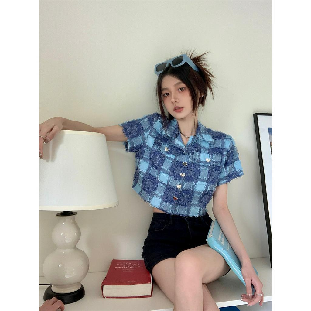 「 WELOVE1 」Áo Sơ Mi Ngắn Tay Cài Nút Hình Trái Tim Phối Màu Tương Phản Xanh Dương Cho Nữ