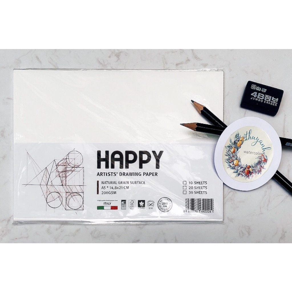 Giấy vẽ chì HAPPY Artists' Drawing Paper A4/A5 - túi 10 tờ 160gsm