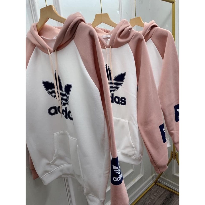 Áo nỉ nữ hoodies có mũ from rộng dấu quần DASS chất nỉ bông siêu ấm màu trắng phối hồng