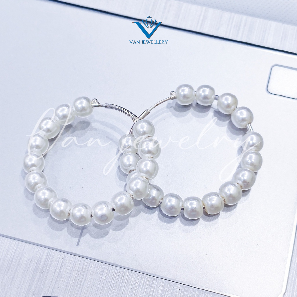 Khuyên tai bạc Van Jewelry V10734 Khuyên tròn to xỏ ngọc trắng