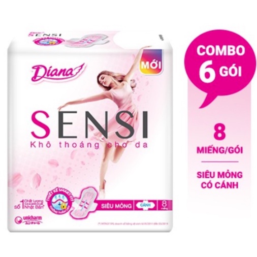 Bịch 6 gói 8 Miếng Băng vệ sinh Diana Sensi siêu mỏng cánh