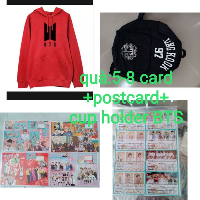 BTS ( combo hoodie+balo+10 tờ báo tập+16 dán nhãn+ quà: 5-8 card+postcard+ cup holder BTS)