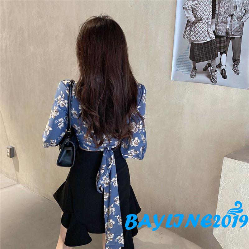 Áo Kiểu Nữ Dài Tay Cổ Chữ V In Hoa Xinh Xắn Hợp Thời Trang