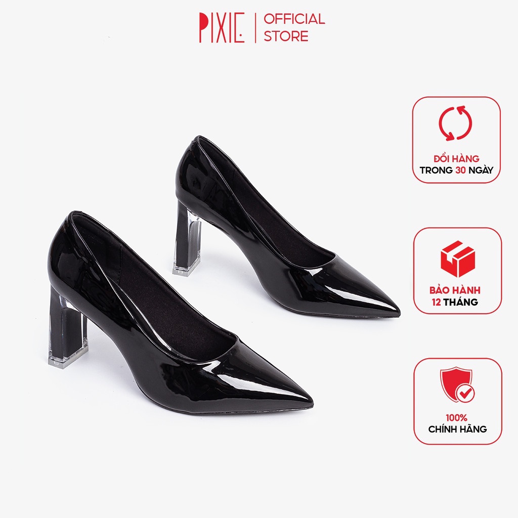 Giày Cao Gót 7cm Da Bóng Đế Vuông Thon Phối Mica Pixie X554