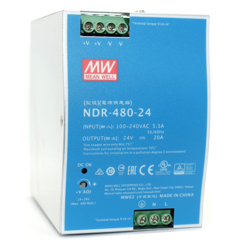 Nguồn tổ ong MEANWELL 24V 20A / NDR-480-24 có chống nhiễu lắp cho tủ điện