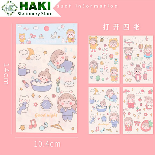 Sticker cute hoạt hình dễ thương HAKI, hình dán cute 4 tấm sticker trang trí sổ đáng yêu giá rẻ ST14
