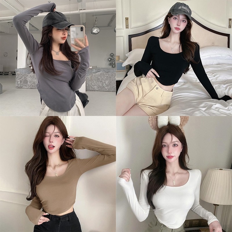 Áo Thun Croptop Tay Dài Cổ Vuông Dáng Ôm Thời Trang Mùa Thu Phong Cách Hàn Quốc Cho Nữ