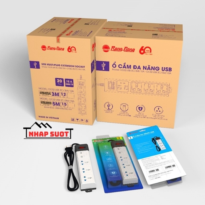 Ổ cắm liền dây đa năng Rạng Đông có cổng USB 5V 2A, ổ điện có màng che an toàn, công suất 2500W (Model: OC02.USB/10A)