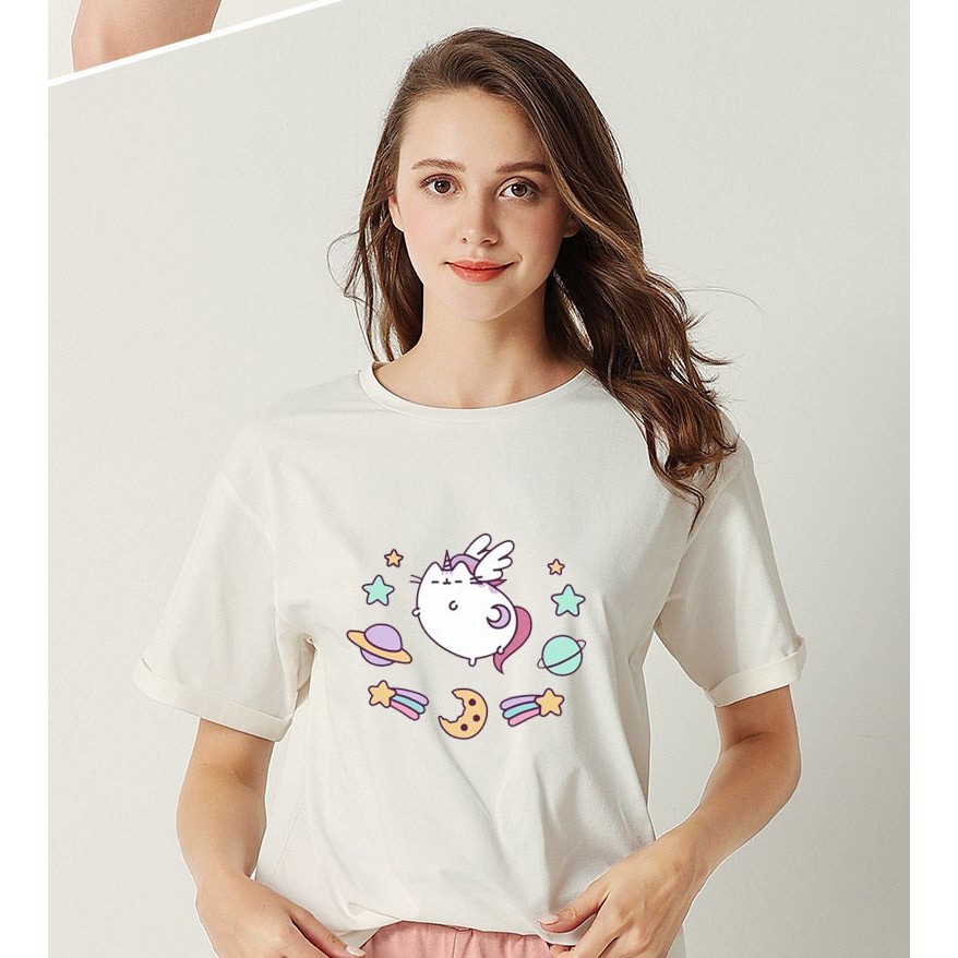 Áo Phông Nữ Ngắn Tay Mặc Đi Chơi Mùa Hè Xinh Cute, Áo Trắng Cotton Mịn Mềm Mát In 3D Hình Chú Mèo Pusheen Vô Cùng Cute