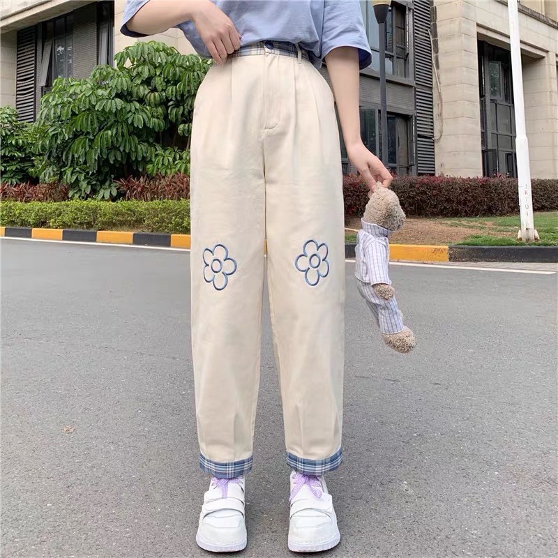 Quần Baggy Kaki Ống Suông Ulzzang Unisex - Thêu Bông Hoa