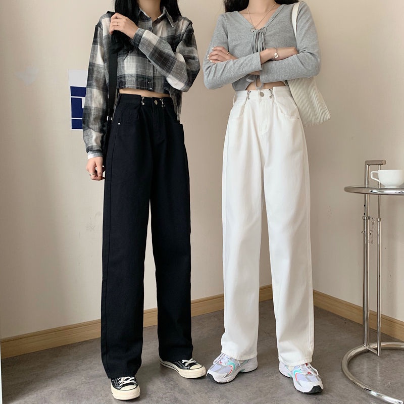 Jiashucheng Quần Jean Nữ Ống Rộng Lưng Cao Phong Cách Hàn Quốc Mới