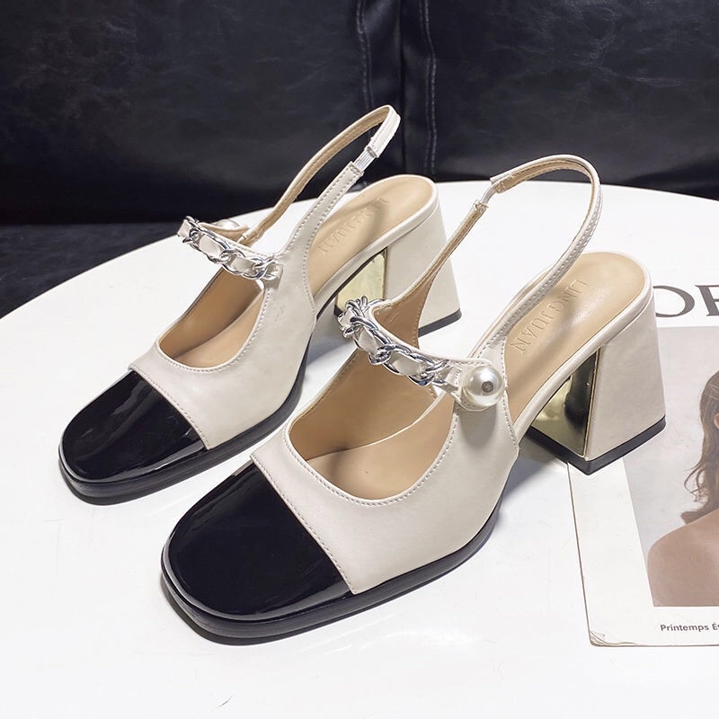 Guốc cao gót quai xích đính ngọc cao 7Cm hở gót sau nữ tiní hàng Quảng Châu loại 1