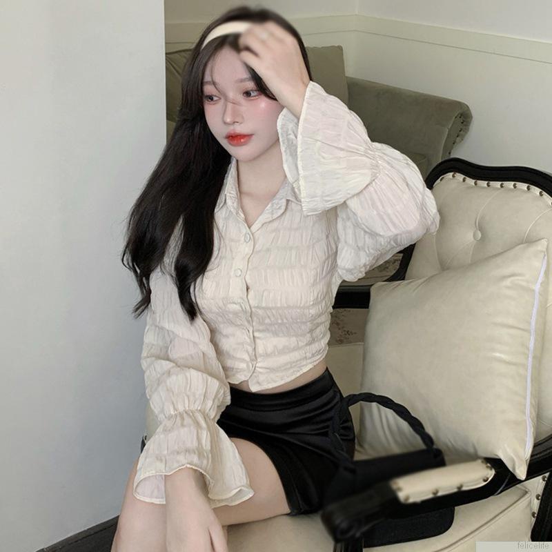 Áo Croptop Tay Phồng Dài Đính Nút Trước Gợi Cảm Cho Nữ