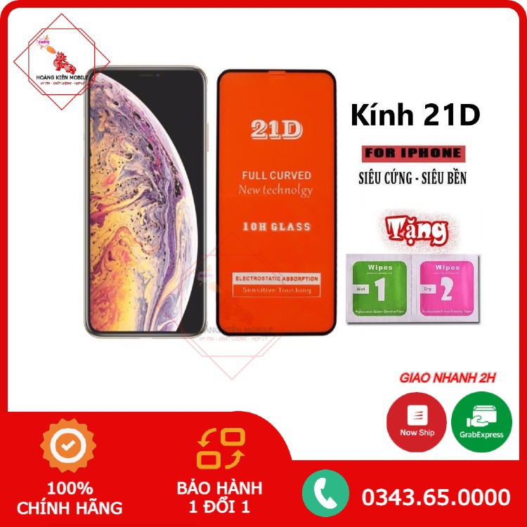 Cường lực iPhone 21D full màn hình, không treo, lag cảm ứng, tặng kèm bộ giấy vệ sinh màn hình
