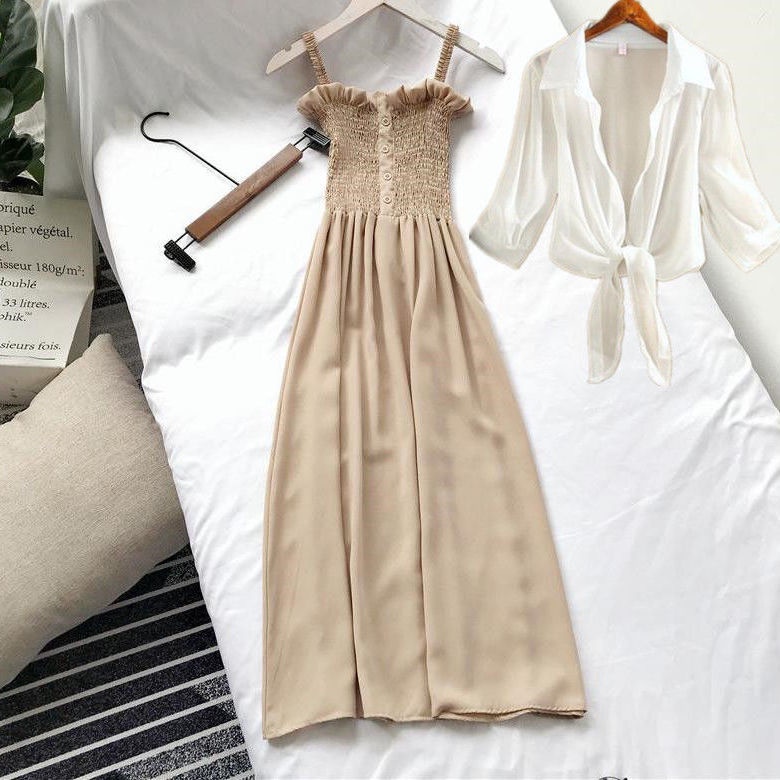 Set Áo Thun Và Đầm Yếm Lưng Cao Phong Cách Pháp Cổ Điển Mới Dành Cho Nữ