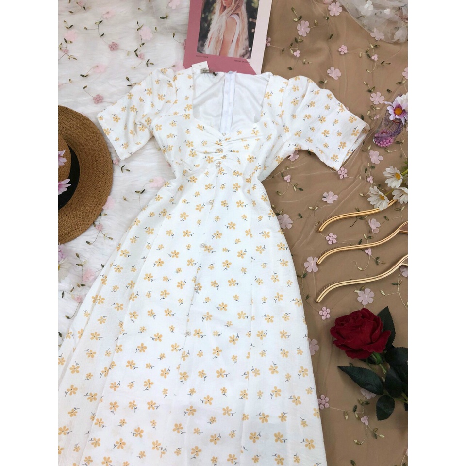 Đầm Hoa Nhí Vintage ❤️FREESHIP❤️ Dáng Xòe Tay Phồng Ngắn Xẻ Tà Nhún Ngực Đính Hạt Sang Chảnh