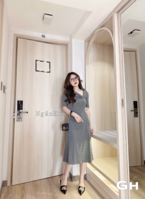 Váy maxi cotton thun cổ lệch - hàng quảng châu