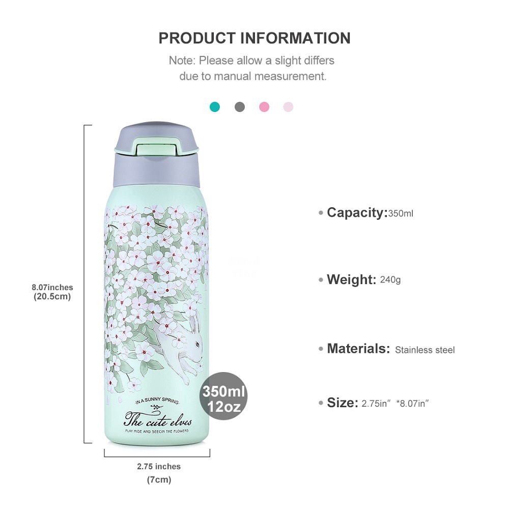 Bình giữ nhiệt ONEISALL bằng thép không gỉ có nắp đậy và ống hút chống gỉ nhỏ gọn kèm dây đeo 350ml | BigBuy360 - bigbuy360.vn