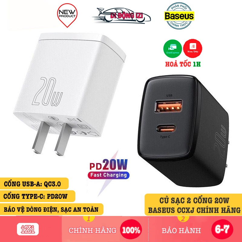 Củ Sạc Nhanh PD 20W, QC3.0 - Baseus 2 Cổng Type-C + USB - Cốc Sạc Nhanh Cao Cấp Cho iP13 12 11 XSMAX 8Plus 8