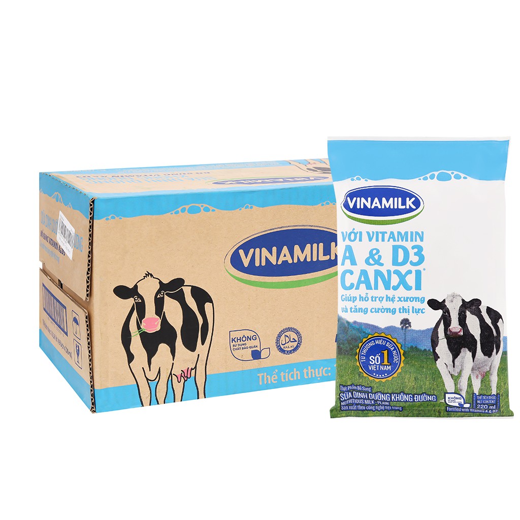 [ship Now+Grab) _ Mẫu mới Thùng 48 bịch sữa dinh dưỡng Vinamilk A&D3 có đường 220m