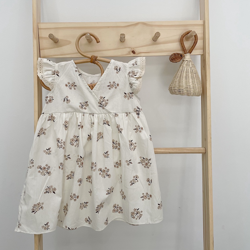 Váy cho bé (6 tháng - 4 tuổi) BERRYBABY dáng xòe babydoll cánh tiên phối ren, họa tiết hoa nhí nâu be xinh xắn - DANDELI