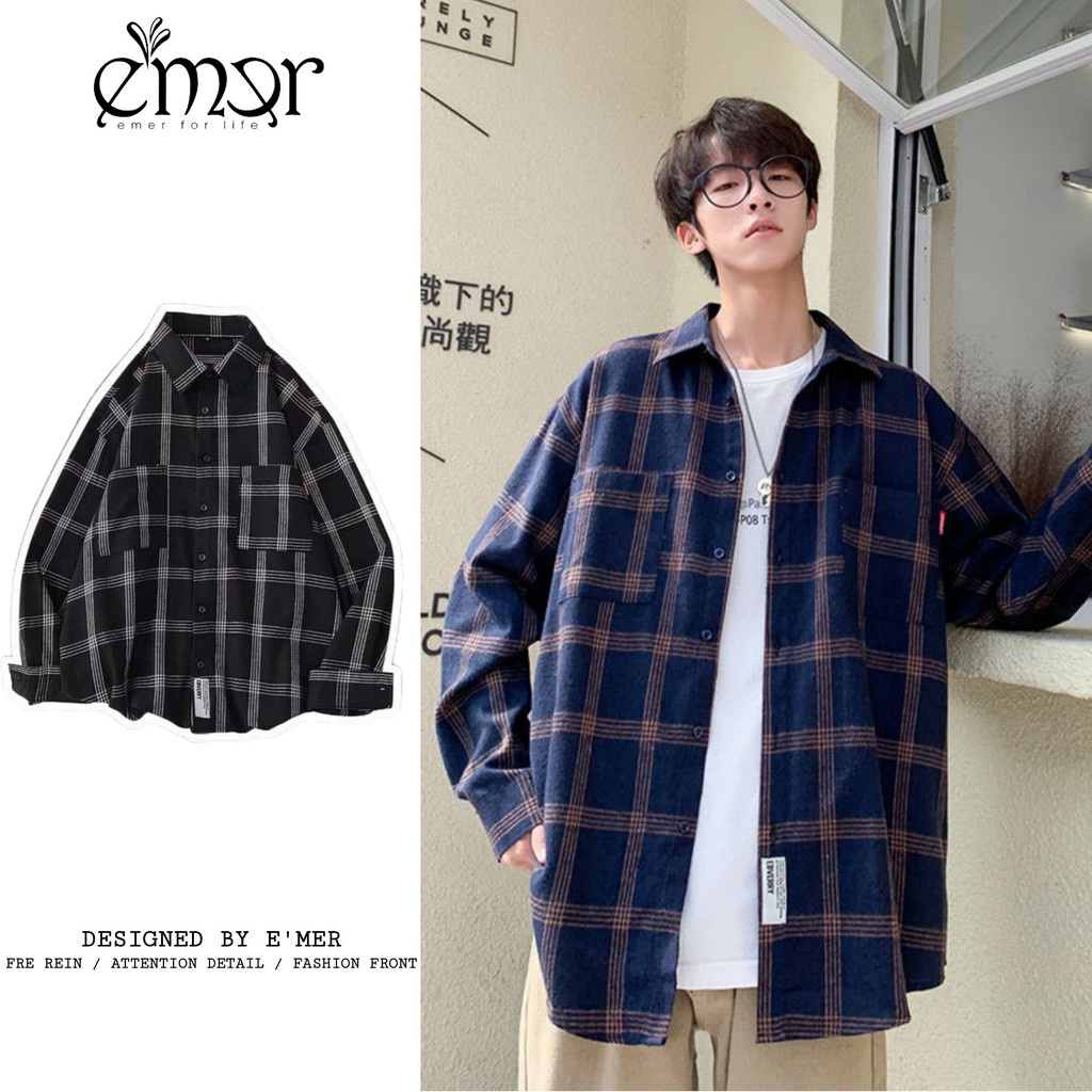 Áo Sơ Mi Nam Nữ Dài Tay Form Rộng Kẻ Sọc Caro Cổ Bẻ Unisex Oversize E'mer Phong Cách Hàn Quốc - HÀNG MỚI VỀ