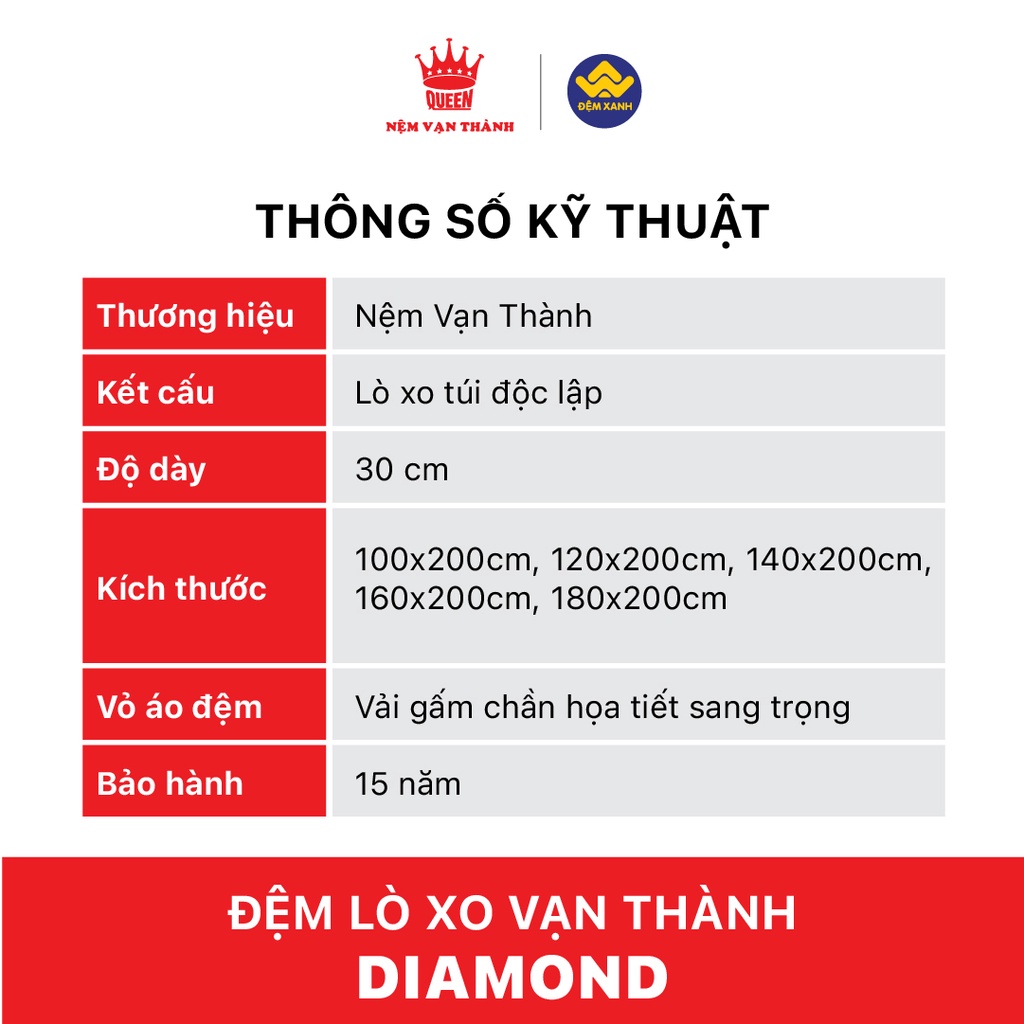 Đệm lò xo Vạn Thành cao cấp Diamond, lò xo túi độc lập, cao 30cm